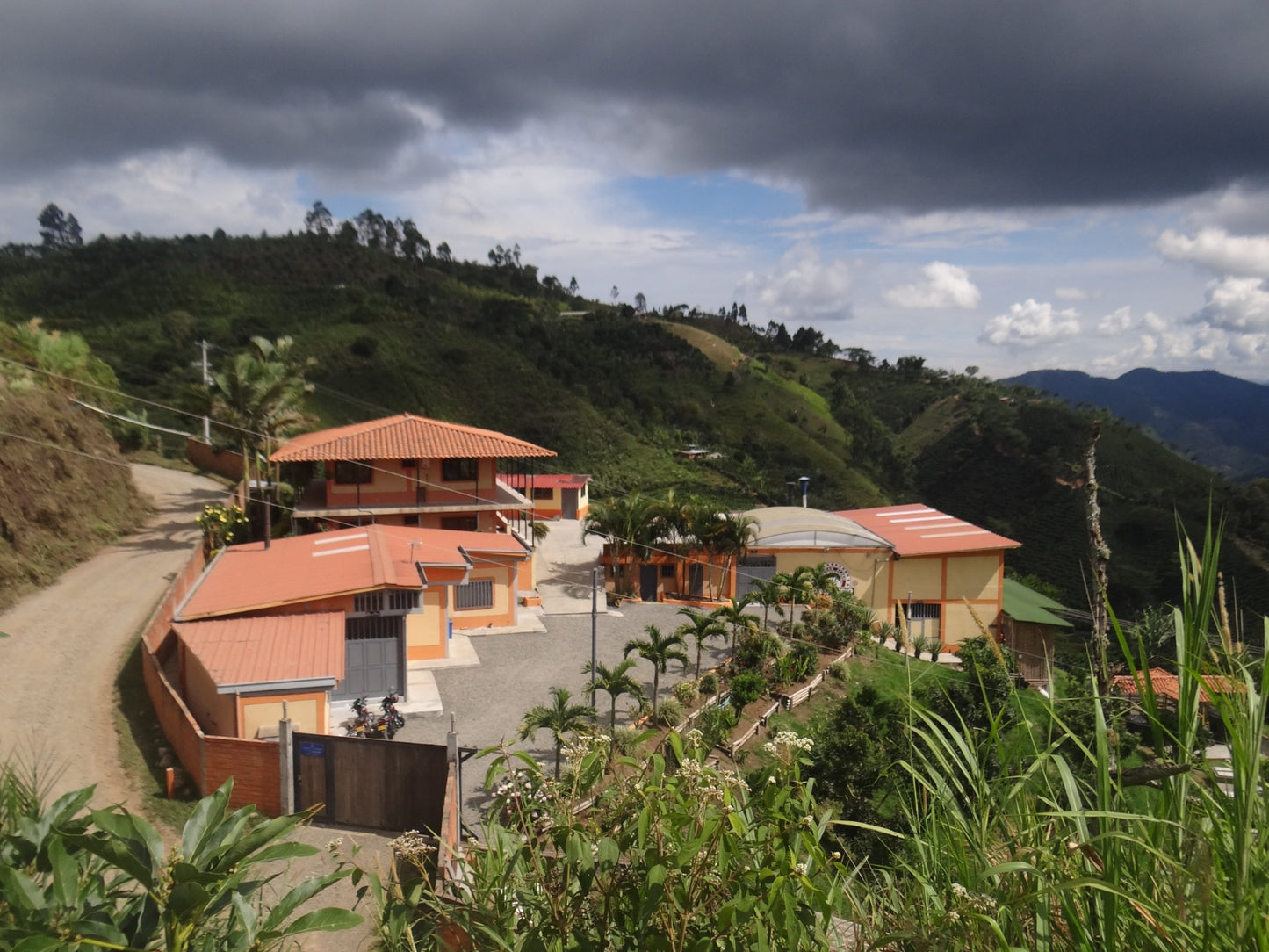 Hillside with houses and a dirt road, surrounded by greenery and mountains.