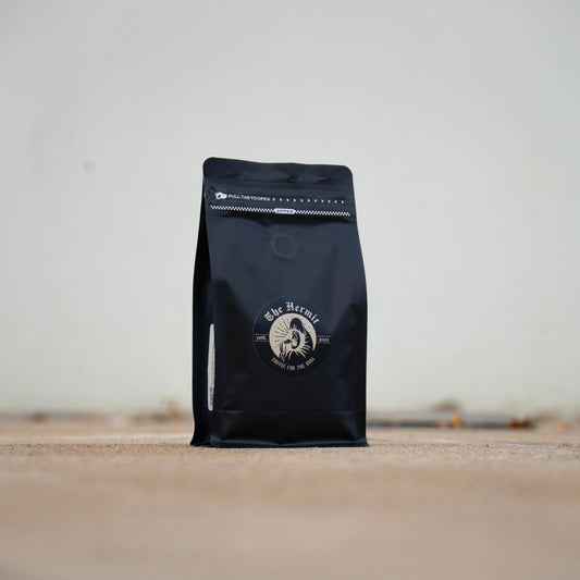 black specialty coffee bag from the hermit